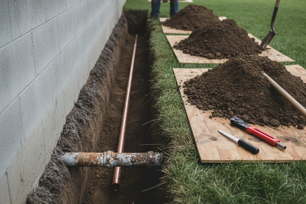 Excavated water line trench during Water Softener Installation in Silver Creek